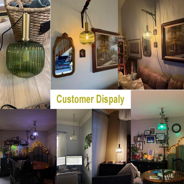 Alt view image 4 of 7 - Green Glass Hanging Plug in Light Pendants for Bedroom 7.9" Stripe Lantern Boho Mid Century Pendant Lamp for Living Room Bar, Green Ceiling Light