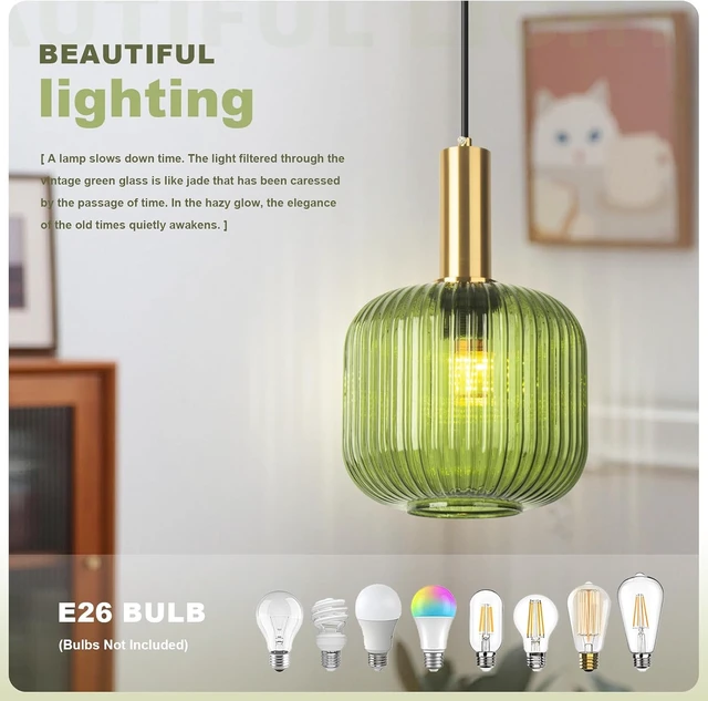 Alt view image 5 of 7 - Green Glass Hanging Plug in Light Pendants for Bedroom 7.9" Stripe Lantern Boho Mid Century Pendant Lamp for Living Room Bar, Green Ceiling Light