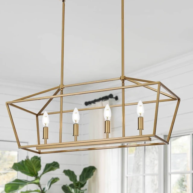 Main image of 4-Lights Golden Pendant Light Fixtures, Modern Lantern Linear Chandelier with Adjustable Height, Dining Room Ceiling Lighting Hanging for Over Table
