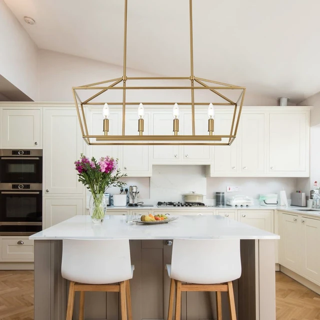 Alt view image 2 of 7 - 4-Lights Golden Pendant Light Fixtures, Modern Lantern Linear Chandelier with Adjustable Height, Dining Room Ceiling Lighting Hanging for Over Table