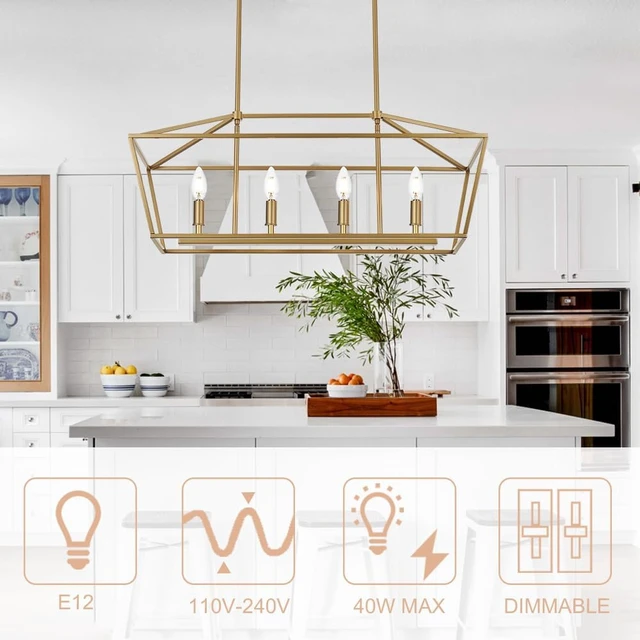 Alt view image 5 of 7 - 4-Lights Golden Pendant Light Fixtures, Modern Lantern Linear Chandelier with Adjustable Height, Dining Room Ceiling Lighting Hanging for Over Table