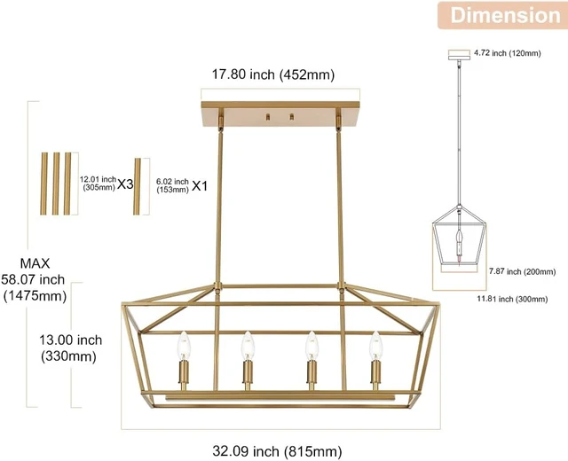 Alt view image 4 of 7 - 4-Lights Golden Pendant Light Fixtures, Modern Lantern Linear Chandelier with Adjustable Height, Dining Room Ceiling Lighting Hanging for Over Table