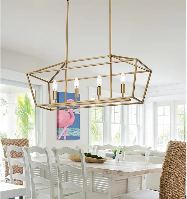 Alt view image 6 of 7 - 4-Lights Golden Pendant Light Fixtures, Modern Lantern Linear Chandelier with Adjustable Height, Dining Room Ceiling Lighting Hanging for Over Table
