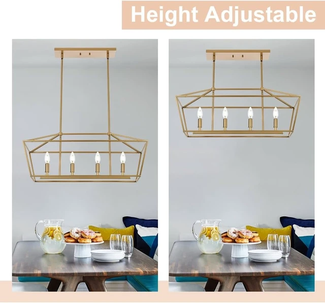 Alt view image 7 of 7 - 4-Lights Golden Pendant Light Fixtures, Modern Lantern Linear Chandelier with Adjustable Height, Dining Room Ceiling Lighting Hanging for Over Table