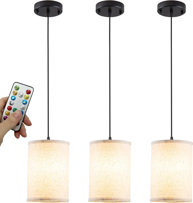 Main image of Battery Operated Pendant Light with Remote,Fabric Pendant Lights Kitchen Island 3 Pack No Hardwired,Cordless Hanging Lights for Living Room with 50hrs+Long Life Rechargeable Light Bulbs