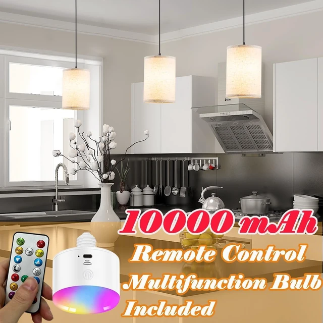 Alt view image 2 of 7 - Battery Operated Pendant Light with Remote,Fabric Pendant Lights Kitchen Island 3 Pack No Hardwired,Cordless Hanging Lights for Living Room with 50hrs+Long Life Rechargeable Light Bulbs