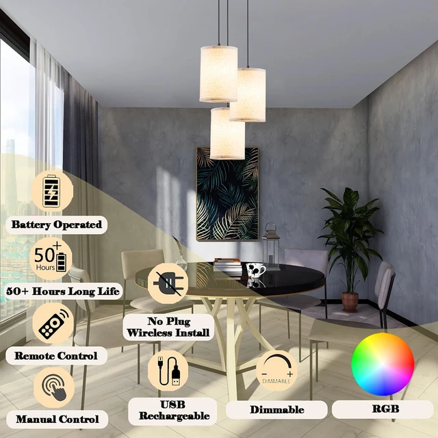 Alt view image 3 of 7 - Battery Operated Pendant Light with Remote,Fabric Pendant Lights Kitchen Island 3 Pack No Hardwired,Cordless Hanging Lights for Living Room with 50hrs+Long Life Rechargeable Light Bulbs