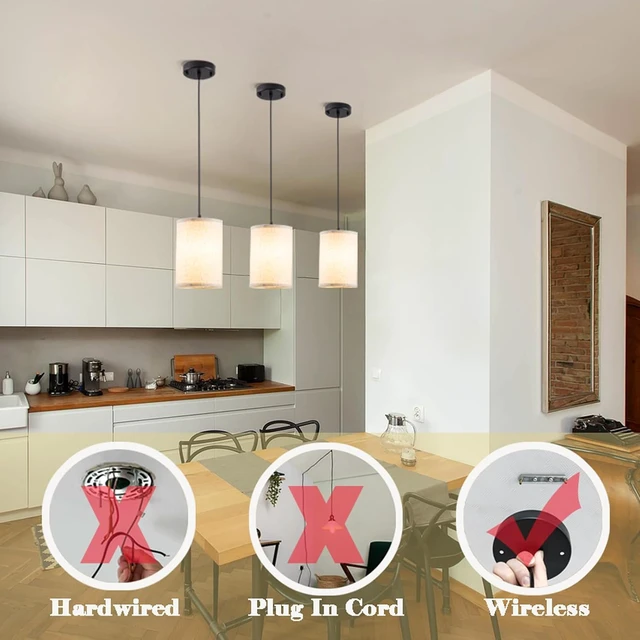 Alt view image 5 of 7 - Battery Operated Pendant Light with Remote,Fabric Pendant Lights Kitchen Island 3 Pack No Hardwired,Cordless Hanging Lights for Living Room with 50hrs+Long Life Rechargeable Light Bulbs