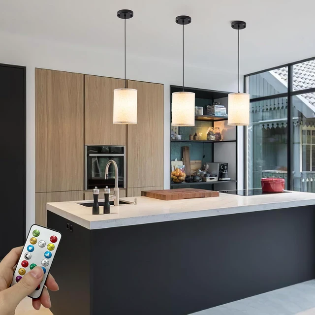 Alt view image 7 of 7 - Battery Operated Pendant Light with Remote,Fabric Pendant Lights Kitchen Island 3 Pack No Hardwired,Cordless Hanging Lights for Living Room with 50hrs+Long Life Rechargeable Light Bulbs