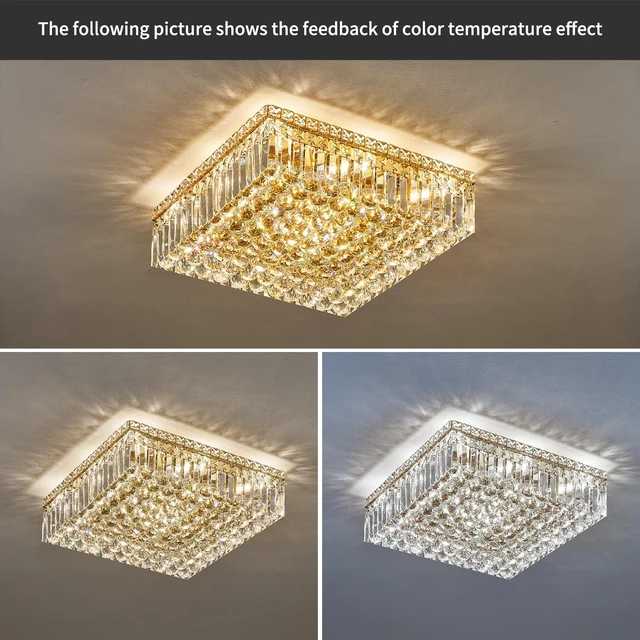 Alt view image 6 of 7 - 20" Modern Crystal Chandelier, 12-Light Gold Crystal Flush Mount Chandelier, K9 Square Ceiling Lights Raindrop Chandeliers Light Fixture for Dining Room Entryway Foyer Bedroom Kitchen Living Room