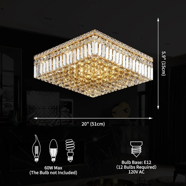 Alt view image 3 of 7 - 20" Modern Crystal Chandelier, 12-Light Gold Crystal Flush Mount Chandelier, K9 Square Ceiling Lights Raindrop Chandeliers Light Fixture for Dining Room Entryway Foyer Bedroom Kitchen Living Room