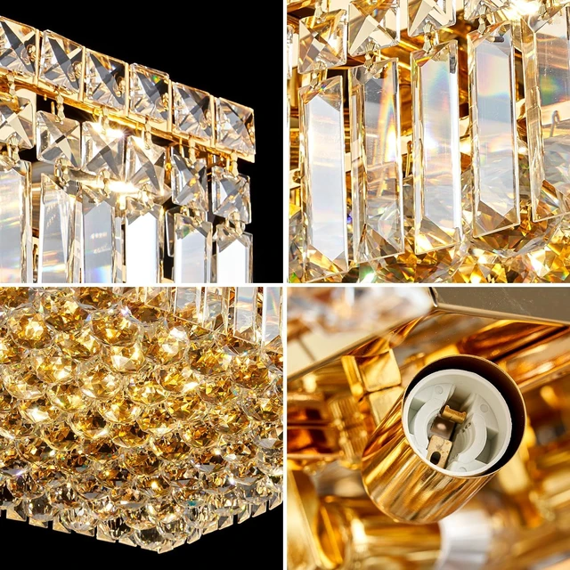 Alt view image 4 of 7 - 20" Modern Crystal Chandelier, 12-Light Gold Crystal Flush Mount Chandelier, K9 Square Ceiling Lights Raindrop Chandeliers Light Fixture for Dining Room Entryway Foyer Bedroom Kitchen Living Room