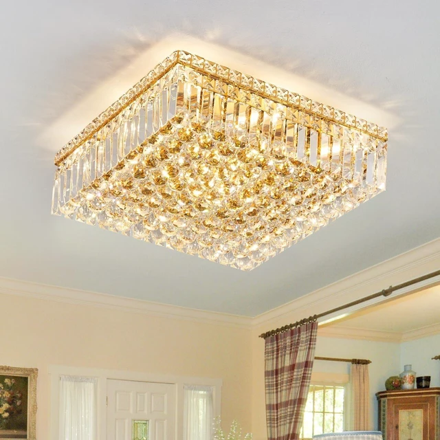 Main image of 20" Modern Crystal Chandelier, 12-Light Gold Crystal Flush Mount Chandelier, K9 Square Ceiling Lights Raindrop Chandeliers Light Fixture for Dining Room Entryway Foyer Bedroom Kitchen Living Room