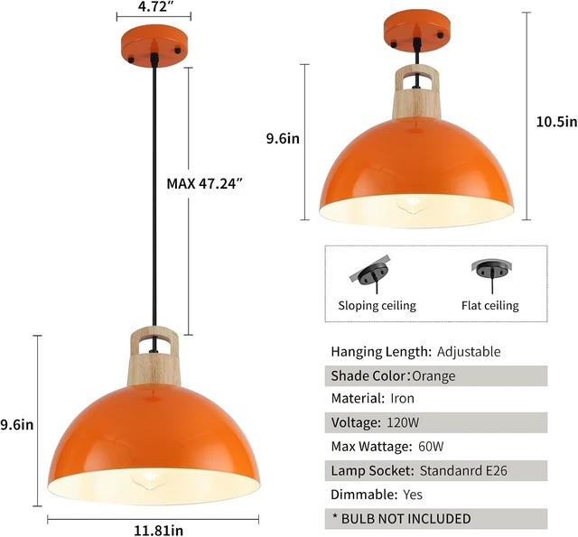 Alt view image 6 of 7 - Modern Pendant Lights, 3 Packs 11.8inch Orange Pendant Light, Farmhouse Pendant Light, Kitchen Pendant Lighting, Pendant Lights Kitchen Island for Living Room, Bar, Bedroom, Office