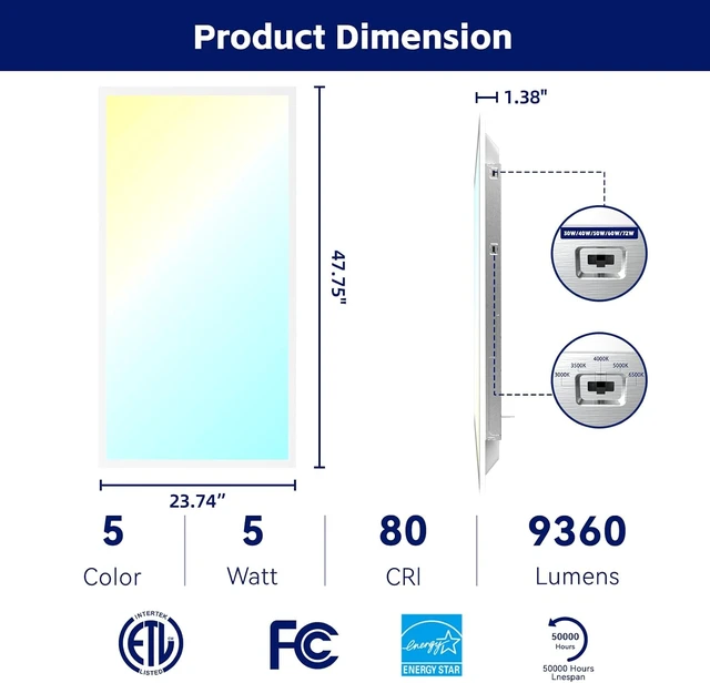 Alt view image 6 of 7 - 2x4 LED Flat Panel Light LED Drop Ceiling Light Fixture, 5 CCT 5000K Adjustable & 5 Wattage Selectable Recessed Back-Lit Fixture for Office, ETL Listed(4Pack 2x4)