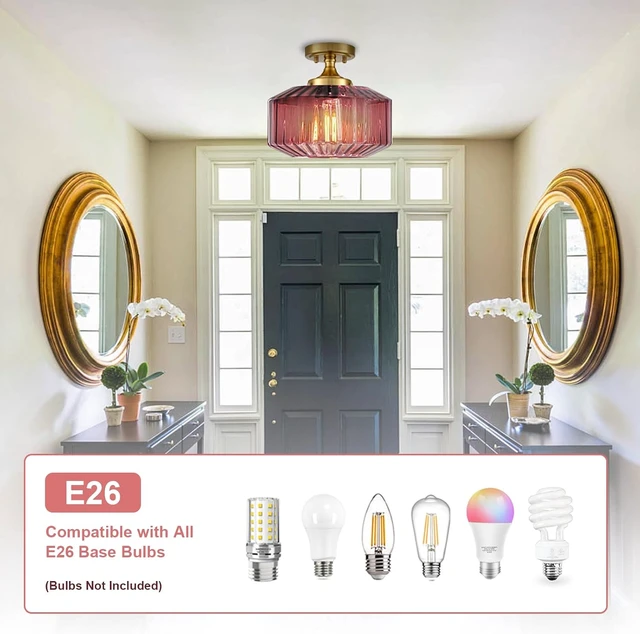 Alt view image 3 of 6 - Purple Flush Mount Ceiling Light Fixtures1-Light Gold Light Fixture with Seeded Purple Glass Shade, 11.02 Inch Industrial Ceiling Lamp for Hallway Foyer Porch