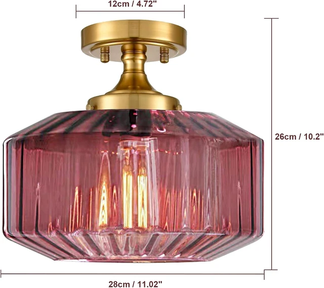 Alt view image 4 of 6 - Purple Flush Mount Ceiling Light Fixtures1-Light Gold Light Fixture with Seeded Purple Glass Shade, 11.02 Inch Industrial Ceiling Lamp for Hallway Foyer Porch