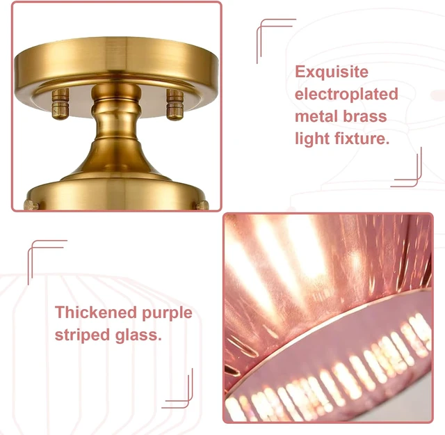 Alt view image 5 of 6 - Purple Flush Mount Ceiling Light Fixtures1-Light Gold Light Fixture with Seeded Purple Glass Shade, 11.02 Inch Industrial Ceiling Lamp for Hallway Foyer Porch