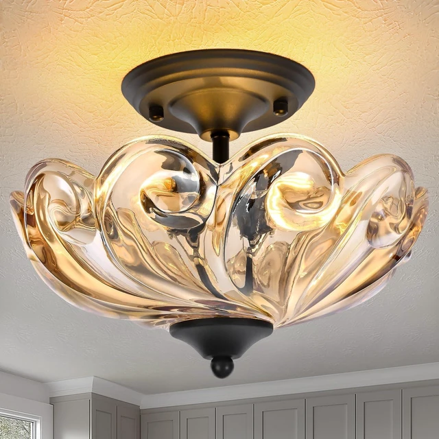 Main image of Modern Semi Flush Mount Ceiling Light, 3-Light Black Close to Ceiling Light Fixture with Amber Glass Shade for Bedroom Living Room Entryway