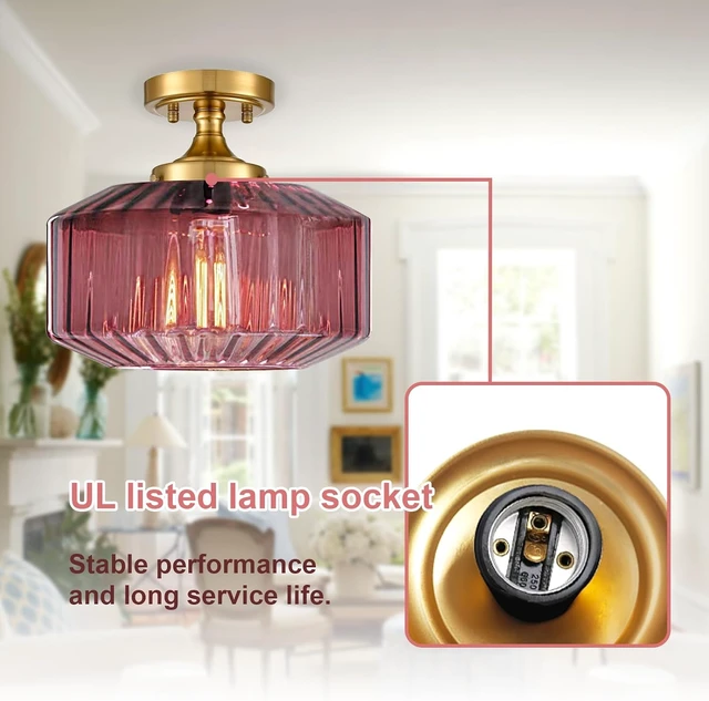 Alt view image 6 of 6 - Purple Flush Mount Ceiling Light Fixtures1-Light Gold Light Fixture with Seeded Purple Glass Shade, 11.02 Inch Industrial Ceiling Lamp for Hallway Foyer Porch