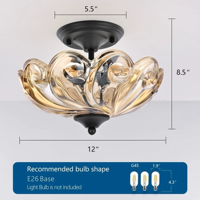 Alt view image 4 of 7 - Modern Semi Flush Mount Ceiling Light, 3-Light Black Close to Ceiling Light Fixture with Amber Glass Shade for Bedroom Living Room Entryway