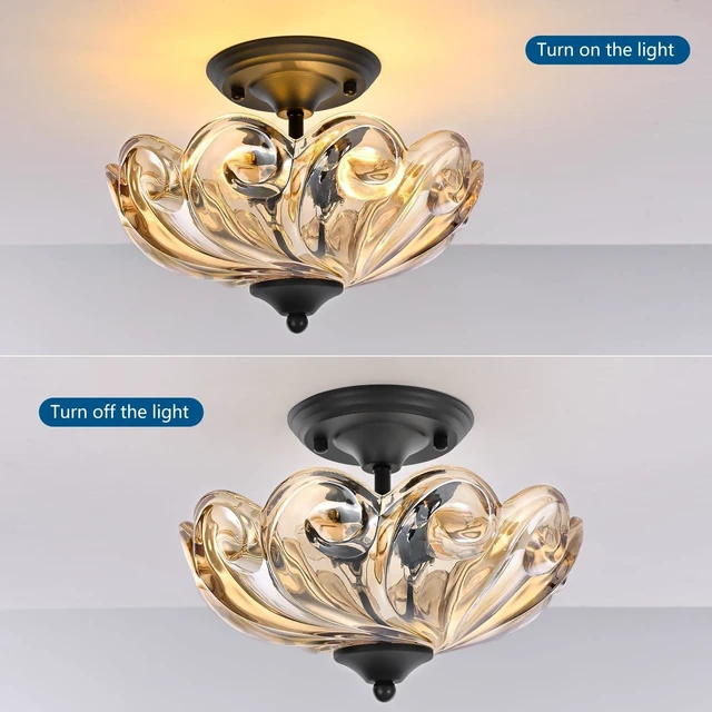 Alt view image 6 of 7 - Modern Semi Flush Mount Ceiling Light, 3-Light Black Close to Ceiling Light Fixture with Amber Glass Shade for Bedroom Living Room Entryway