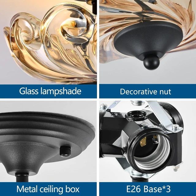 Alt view image 7 of 7 - Modern Semi Flush Mount Ceiling Light, 3-Light Black Close to Ceiling Light Fixture with Amber Glass Shade for Bedroom Living Room Entryway