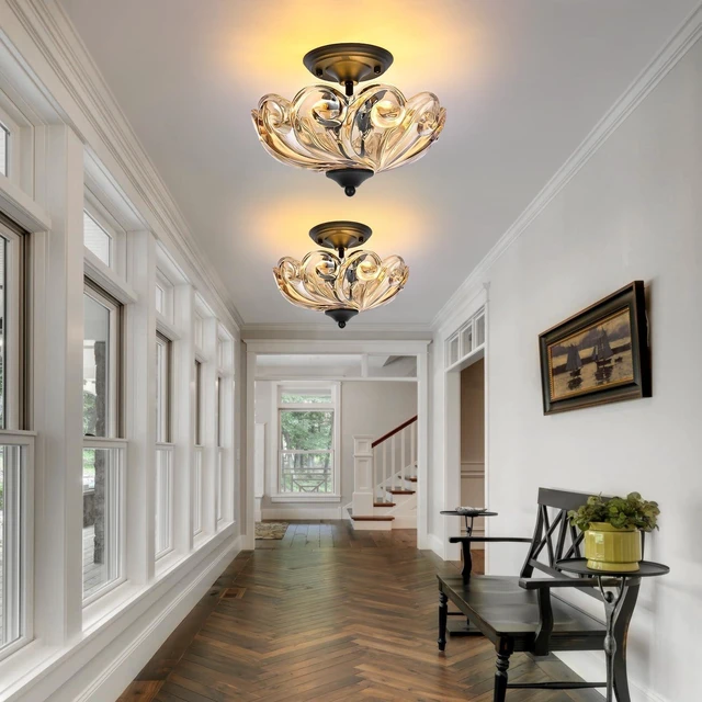 Alt view image 2 of 7 - Modern Semi Flush Mount Ceiling Light, 3-Light Black Close to Ceiling Light Fixture with Amber Glass Shade for Bedroom Living Room Entryway