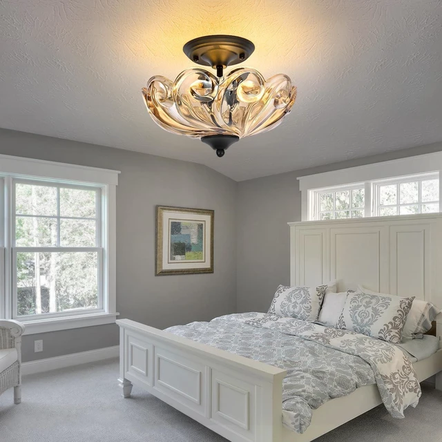 Alt view image 3 of 7 - Modern Semi Flush Mount Ceiling Light, 3-Light Black Close to Ceiling Light Fixture with Amber Glass Shade for Bedroom Living Room Entryway