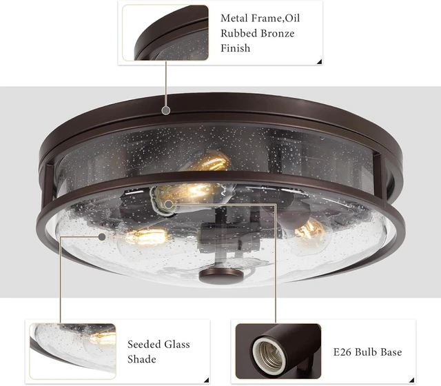 Alt view image 3 of 7 - 16 Inch Large Flush Mount Ceiling Light Fixture with Seeded Glass, Bronze