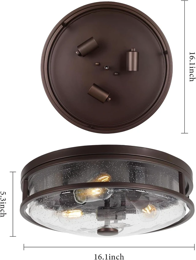 Alt view image 2 of 7 - 16 Inch Large Flush Mount Ceiling Light Fixture with Seeded Glass, Bronze