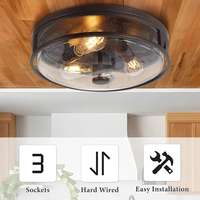 Alt view image 4 of 7 - 16 Inch Large Flush Mount Ceiling Light Fixture with Seeded Glass, Bronze