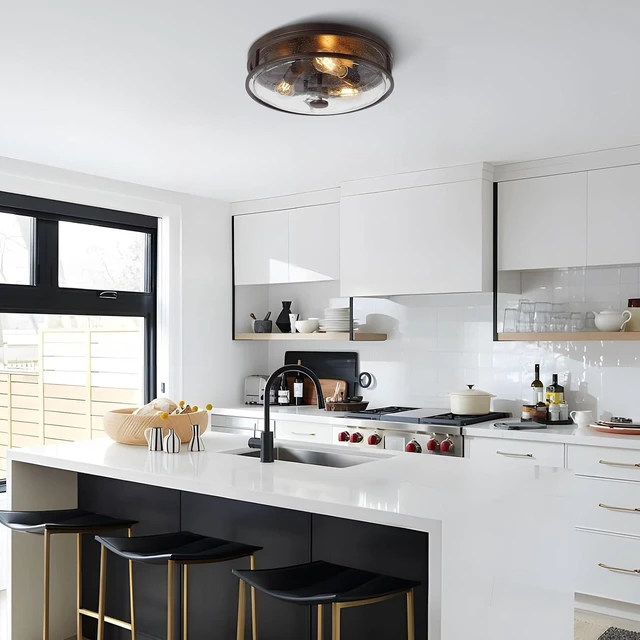 Alt view image 6 of 7 - 16 Inch Large Flush Mount Ceiling Light Fixture with Seeded Glass, Bronze