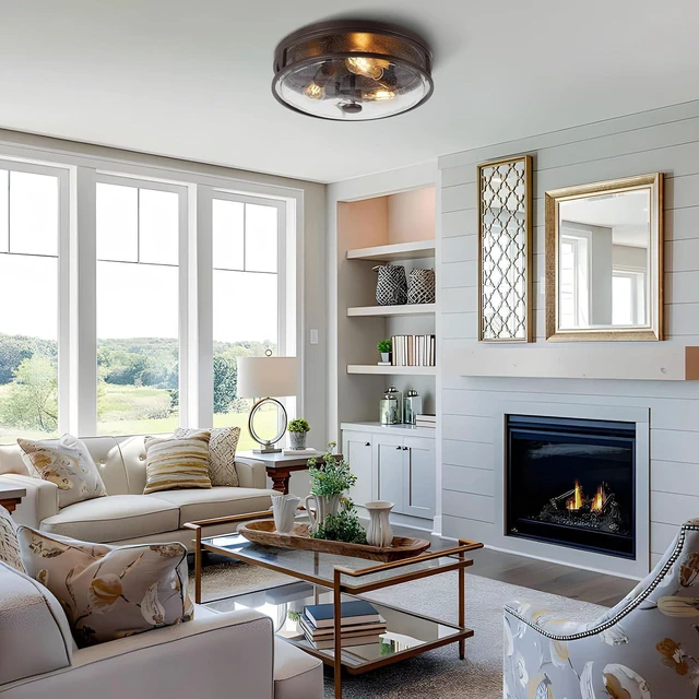 Alt view image 7 of 7 - 16 Inch Large Flush Mount Ceiling Light Fixture with Seeded Glass, Bronze