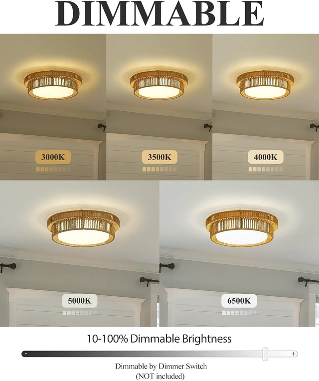 Alt view image 4 of 7 - Boho Light Fixtures Ceiling 15W LED, HWH 13'' Woven Rattan Flush Mount Ceiling Light, Handwoven Twine Cage Light Fixtures 5CCT, 5HYS78F-LED