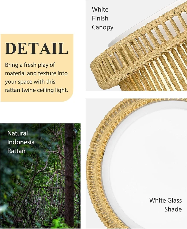 Alt view image 3 of 7 - Boho Light Fixtures Ceiling 15W LED, HWH 13'' Woven Rattan Flush Mount Ceiling Light, Handwoven Twine Cage Light Fixtures 5CCT, 5HYS78F-LED