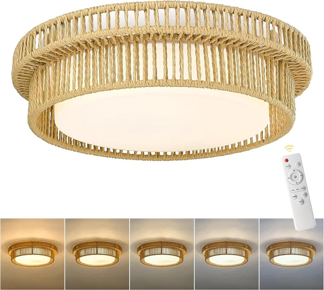Main image of Boho Light Fixtures Ceiling 15W LED, HWH 13'' Woven Rattan Flush Mount Ceiling Light, Handwoven Twine Cage Light Fixtures 5CCT, 5HYS78F-LED