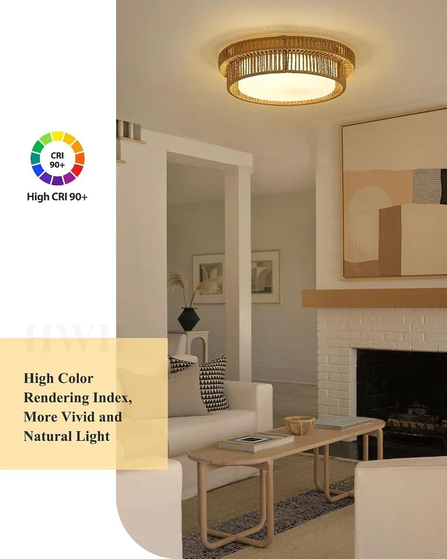 Alt view image 5 of 7 - Boho Light Fixtures Ceiling 15W LED, HWH 13'' Woven Rattan Flush Mount Ceiling Light, Handwoven Twine Cage Light Fixtures 5CCT, 5HYS78F-LED