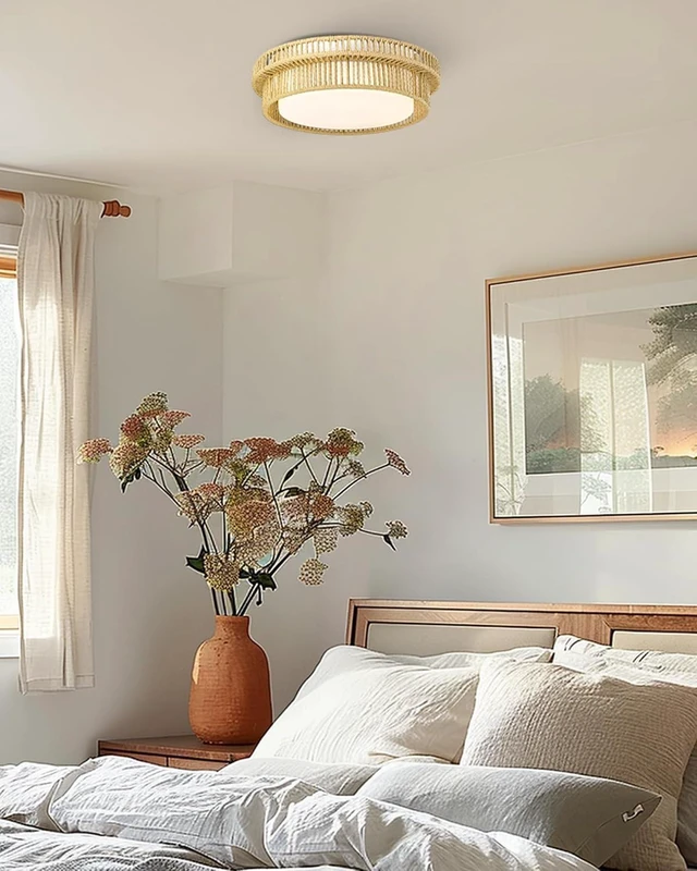 Alt view image 7 of 7 - Boho Light Fixtures Ceiling 15W LED, HWH 13'' Woven Rattan Flush Mount Ceiling Light, Handwoven Twine Cage Light Fixtures 5CCT, 5HYS78F-LED