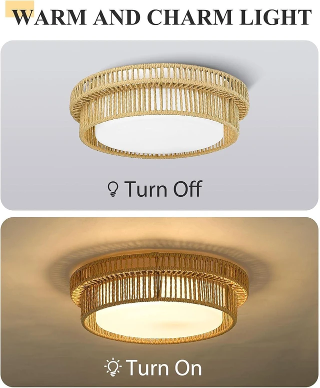 Alt view image 6 of 7 - Boho Light Fixtures Ceiling 15W LED, HWH 13'' Woven Rattan Flush Mount Ceiling Light, Handwoven Twine Cage Light Fixtures 5CCT, 5HYS78F-LED