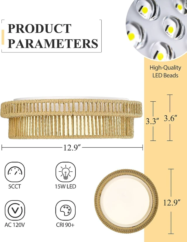Alt view image 2 of 7 - Boho Light Fixtures Ceiling 15W LED, HWH 13'' Woven Rattan Flush Mount Ceiling Light, Handwoven Twine Cage Light Fixtures 5CCT, 5HYS78F-LED