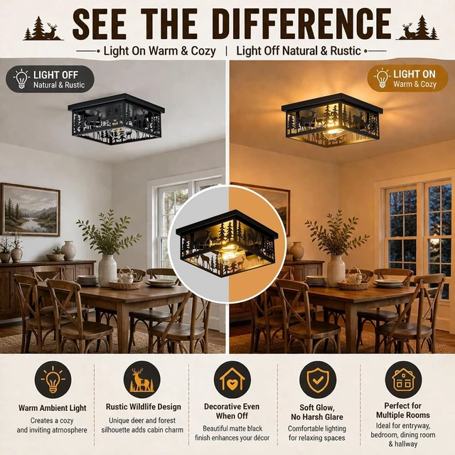 Alt view image 5 of 6 - Rustic Deer Ceiling Light Fixtures, 11.2"-2 Light E26 Metal Cage