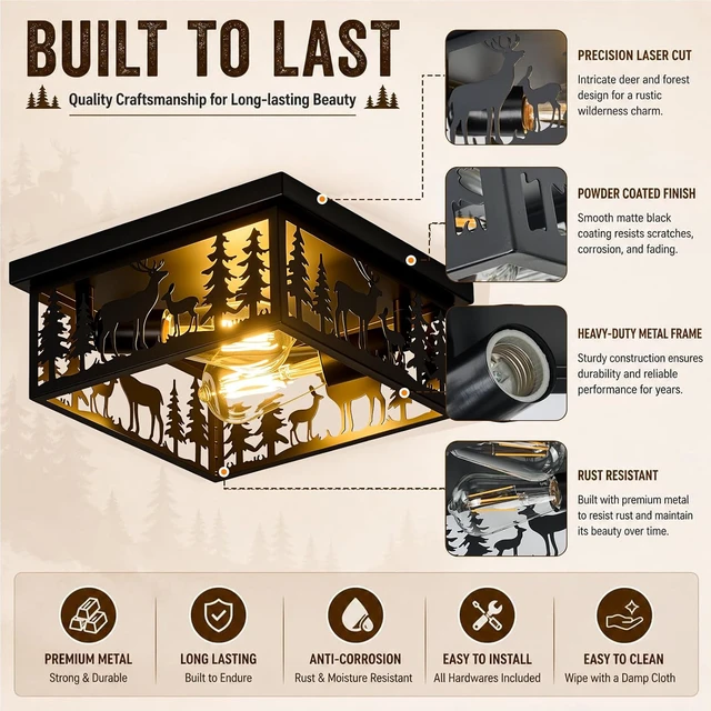 Alt view image 6 of 6 - Rustic Deer Ceiling Light Fixtures, 11.2"-2 Light E26 Metal Cage