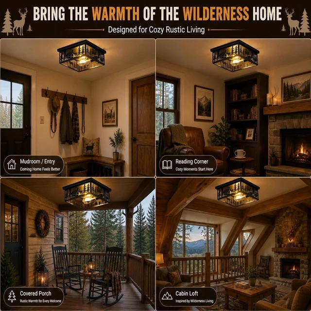 Alt view image 3 of 6 - Rustic Deer Ceiling Light Fixtures, 11.2"-2 Light E26 Metal Cage