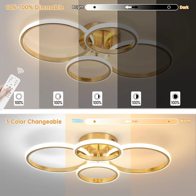 Alt view image 4 of 7 - Dimmable Modern LED Ceiling Light, 4 Rings 3000K-6000K LED Gold Close to Ceiling Light, Flush Mount Ceiling Lights Fixture for Bedroom, Kitchen, Laundry Room,Office