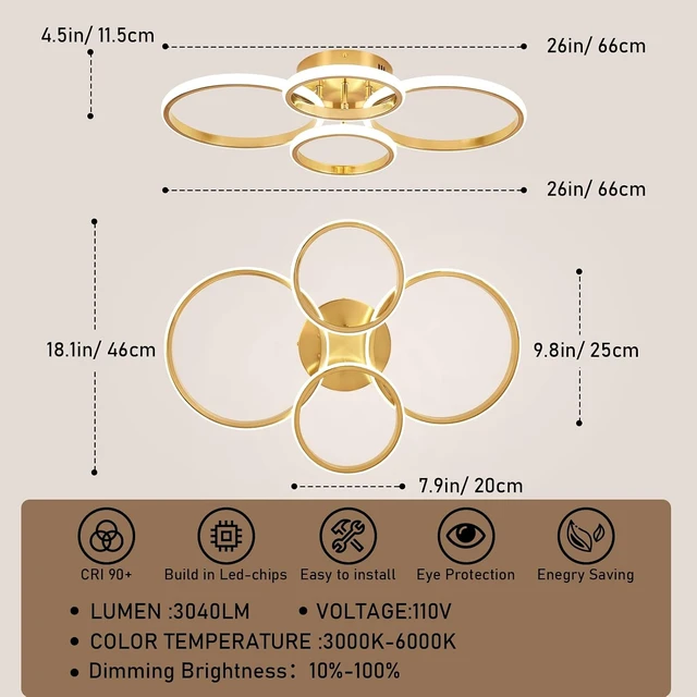 Alt view image 5 of 7 - Dimmable Modern LED Ceiling Light, 4 Rings 3000K-6000K LED Gold Close to Ceiling Light, Flush Mount Ceiling Lights Fixture for Bedroom, Kitchen, Laundry Room,Office