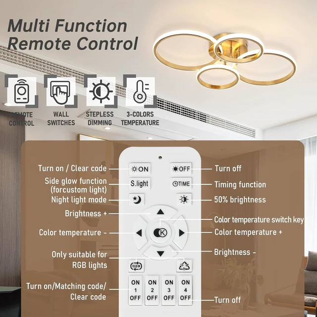 Alt view image 6 of 7 - Dimmable Modern LED Ceiling Light, 4 Rings 3000K-6000K LED Gold Close to Ceiling Light, Flush Mount Ceiling Lights Fixture for Bedroom, Kitchen, Laundry Room,Office