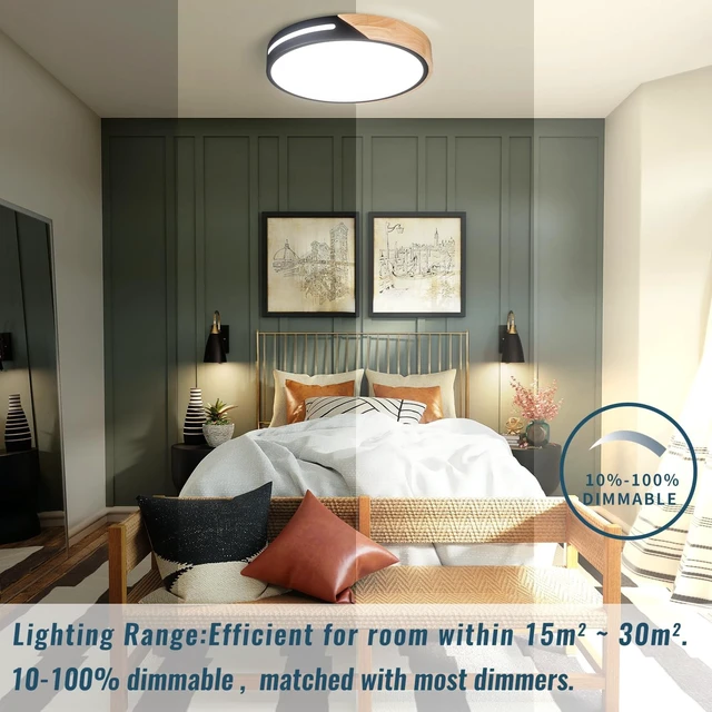 Alt view image 4 of 7 - Black and Wood Flush Mount Ceiling Light Fixture Set of 2, Dimmable LED Ceiling Light Black, Modern Light Fixture Ceiling Mount for Bedroom, Living Room, Kitchen, Bathroom, Hallway