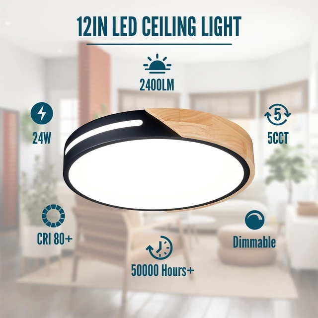 Alt view image 2 of 7 - Black and Wood Flush Mount Ceiling Light Fixture Set of 2, Dimmable LED Ceiling Light Black, Modern Light Fixture Ceiling Mount for Bedroom, Living Room, Kitchen, Bathroom, Hallway