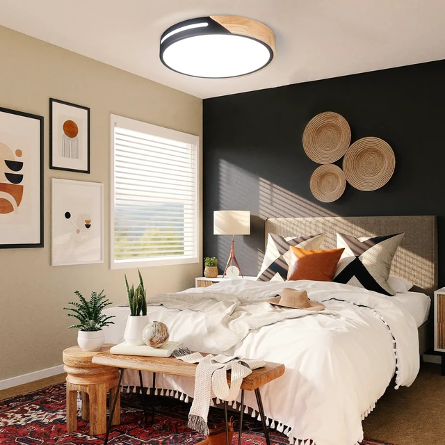 Alt view image 6 of 7 - Black and Wood Flush Mount Ceiling Light Fixture Set of 2, Dimmable LED Ceiling Light Black, Modern Light Fixture Ceiling Mount for Bedroom, Living Room, Kitchen, Bathroom, Hallway